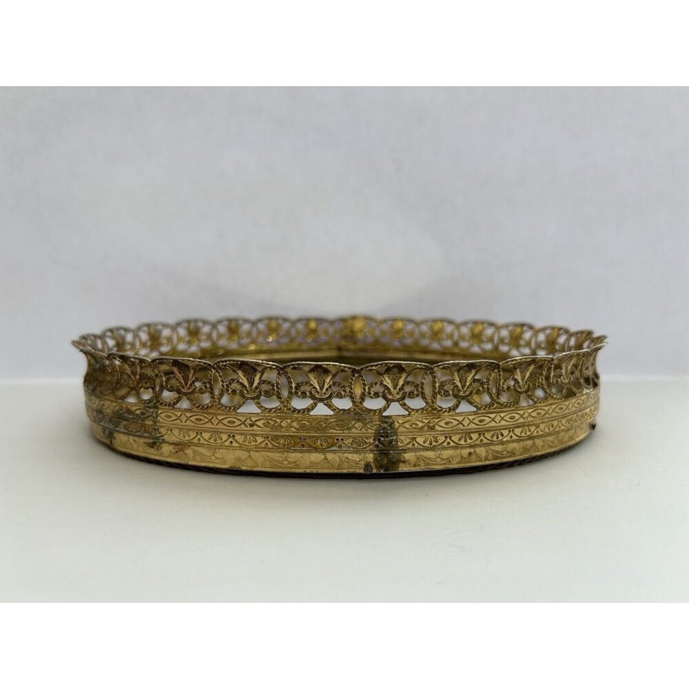 Vintage Oval Filigree Dresser Vanity Mirror Hollywood Regency 7 1/4 inX5 1/2 in - Picture 4 of 8